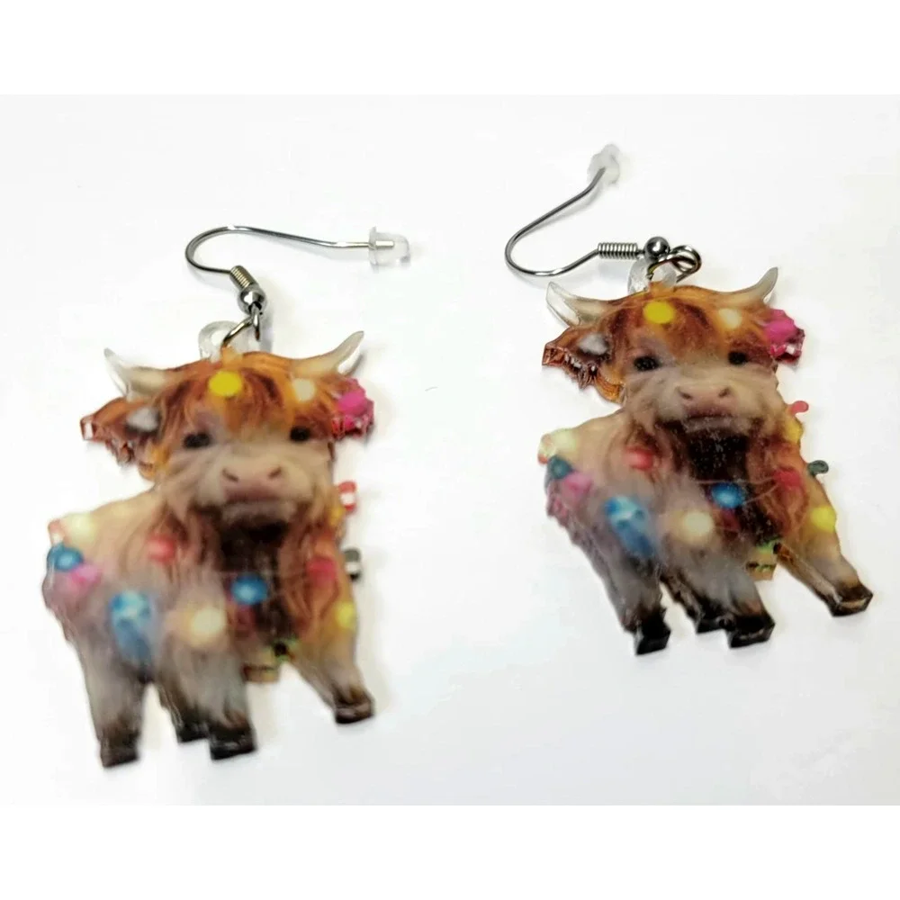 Highland Cow Christmas‎ Lights Dangle Earrings Women Holiday Acrylic Jewelry
